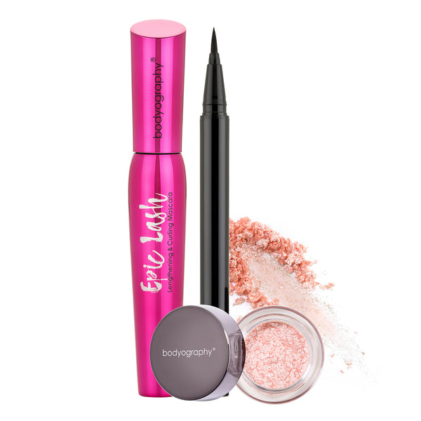 Bodyography Eyes On Point Set, Stratus - Epic Lash, On Point Liquid Liner, Glitter Pigment in Stratus