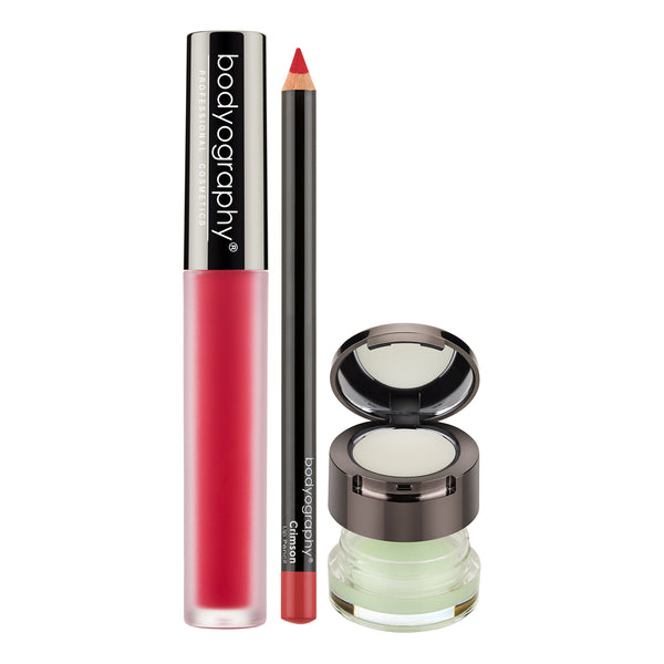 Bodyography Perfect Pout Set, Regal + Crimson - Lip Lava Liquid Lipstick in Regal, Lip Pencil in Crimson, Exfoliating Lip Duo 