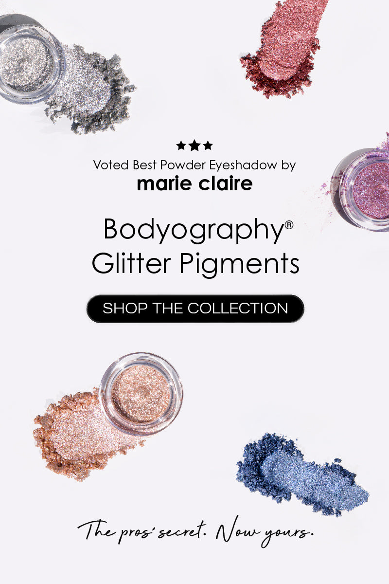 Bodyography Glitter Pigments with text highlighting Marie Claire's award and a call to shop the collection.