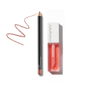 Pouty + Juicy — Pinky peach nude pencil paired with sheer gloss. Soft natural and effortlessly pretty
