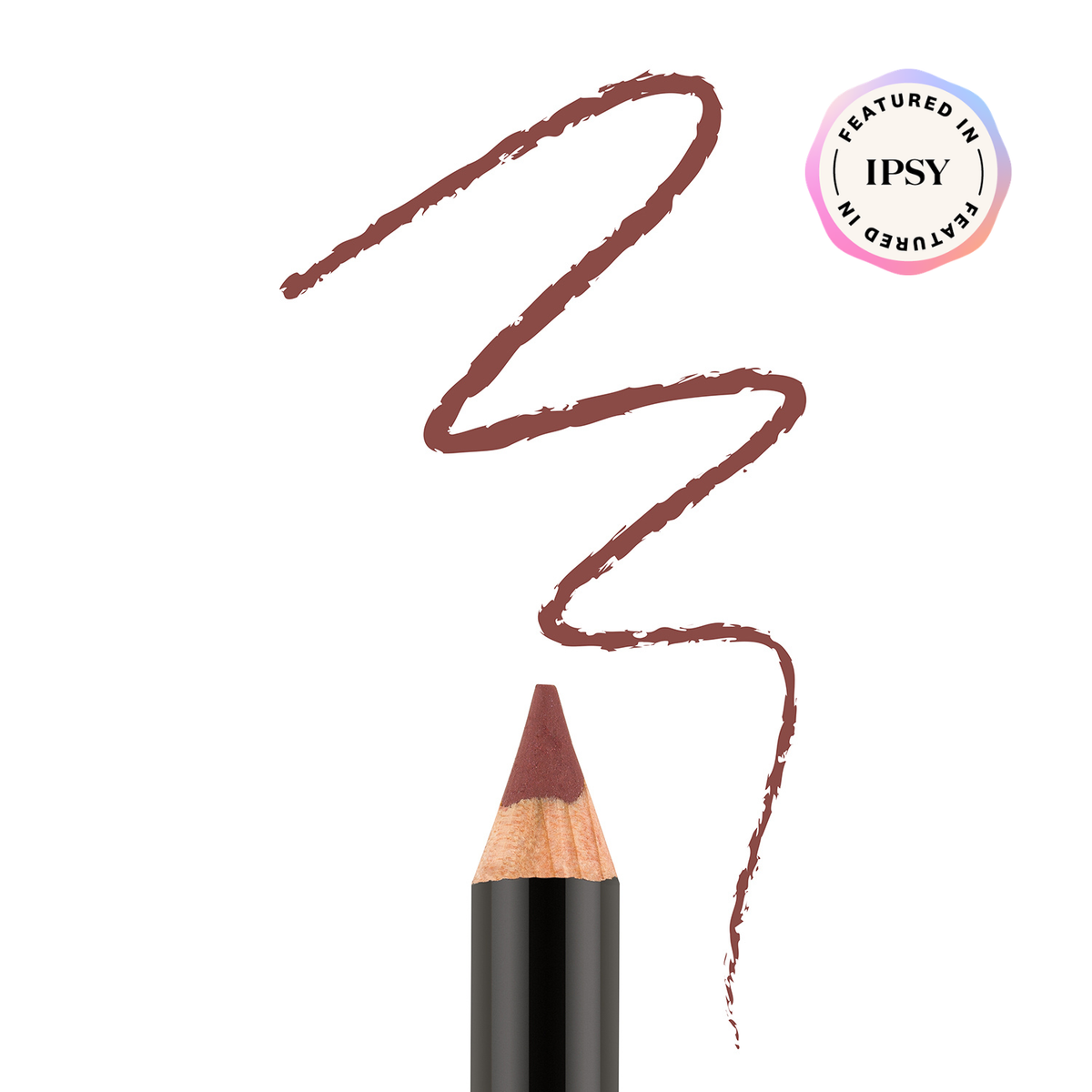 Lip liner pencil with brown line on white background, featuring IPSY logo.