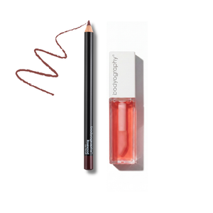 Rosewood + Juicy — Warm brown berry pencil paired with sheer gloss. Deep definition with a juicy dimensional glow
