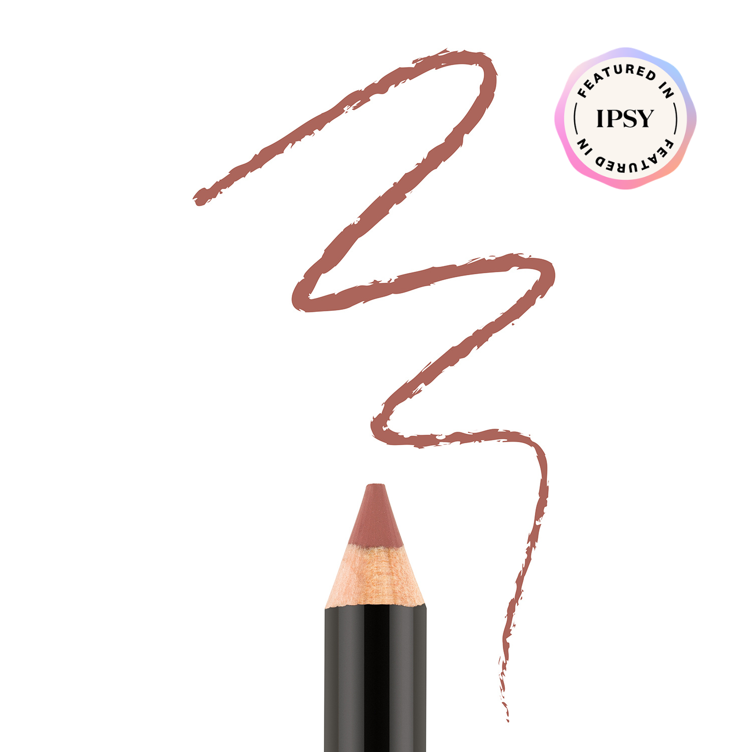 Lip liner pencil with brown color swatch on a white background, featuring IPSY logo.