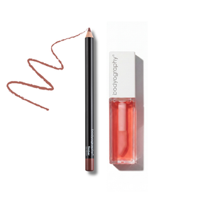 Timber + Juicy — Brown nude pencil paired with sheer gloss. The everyday nude that works on everyone
