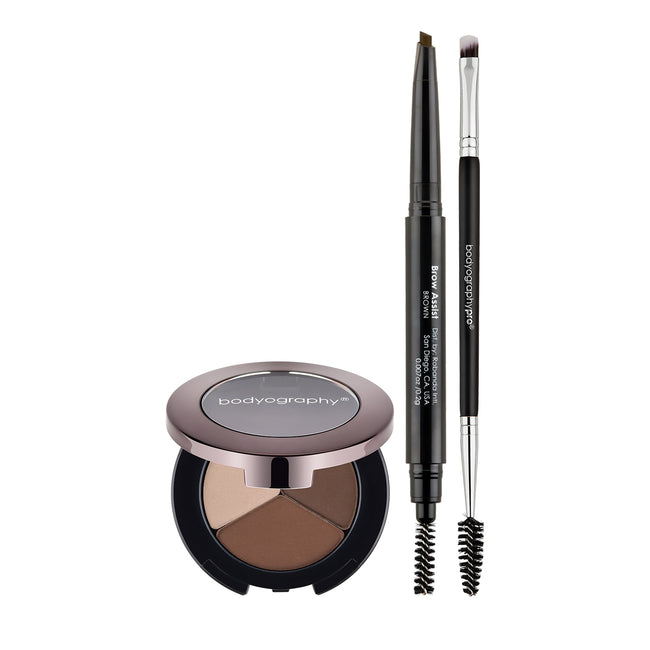 Bodyography All-In-One Brow Shaping Set, Medium/Dark - Essential Brow Trio, Brow Assist in Brown, Brow Brush