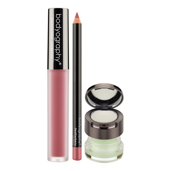 Bodyography Perfect Pout Set, Au Naturel + Heatherberry - Lip Lava Liquid Lipstick in Au Naturel, Lip Pencil in Heatherberry, Exfoliating Lip Duo 