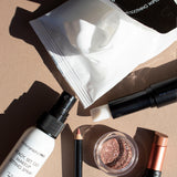Bodyography Beauty Editor Go-To Collection: From top to bottom - 10 count Cleansing and Soothing Wipes, Mini Ready Set Go Makeup Setting Spray, Lip Pencil in Pouty, Glitter Pigment in Celestial, Inner Glow Stick, Fabric Texture Lipstick in Chiffon