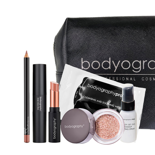 Bodyography Beauty Editor Go-To Collection: From left to right - Lip Pencil in Pouty, Inner Glow Stick, Fabric Texture Lipstick in Chiffon, Glitter Pigment in Celestial, 10 count Cleansing and Soothing Wipes, Mini Ready Set Go Makeup Setting Spray, Black vinyl bag